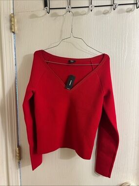 Express Women's Bright Red V-Neck Sweater
